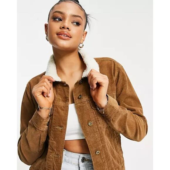 O’Neill Women Golden Caramel Sherpa Lined Corduroy Cropped Style Jacket Size L - Picture 2 of 10